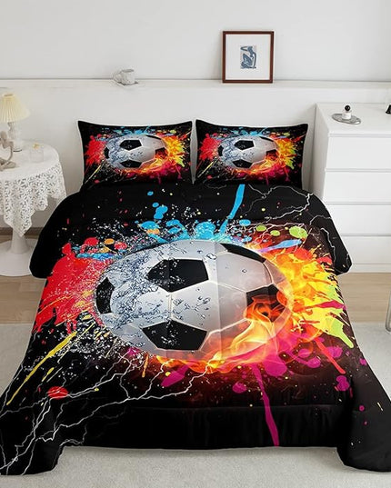 Kids Soccer Full Size Comforter Set For Boys Football Sports Bedding Set Teen Colorful Grunge Hippie Tie Dye Quilt Comforter Red Blue Water Fire Lightning Duvet Insert Lightweight Bedroom Dorm Decor - LeafyLoom