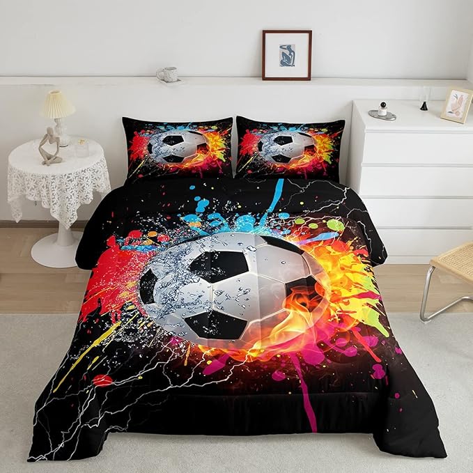 Kids Soccer Full Size Comforter Set For Boys Football Sports Bedding Set Teen Colorful Grunge Hippie Tie Dye Quilt Comforter Red Blue Water Fire Lightning Duvet Insert Lightweight Bedroom Dorm Decor - LeafyLoom