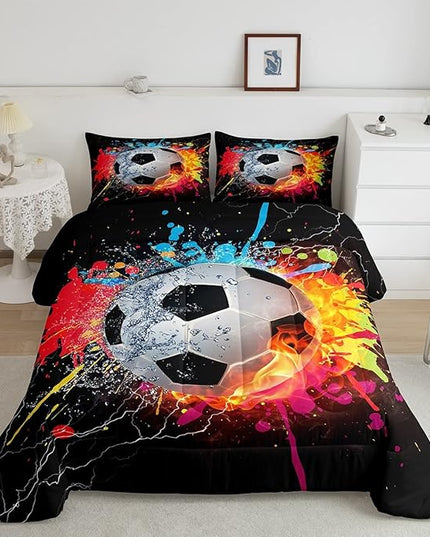 Kids Soccer Twin Size Comforter Set For Boys Football Sports Bedding Set Teen Colorful Grunge Hippie Tie Dye Quilt Comforter Red Blue Water Fire Lightning Duvet Insert Lightweight Bedroom Dorm Decor - LeafyLoom