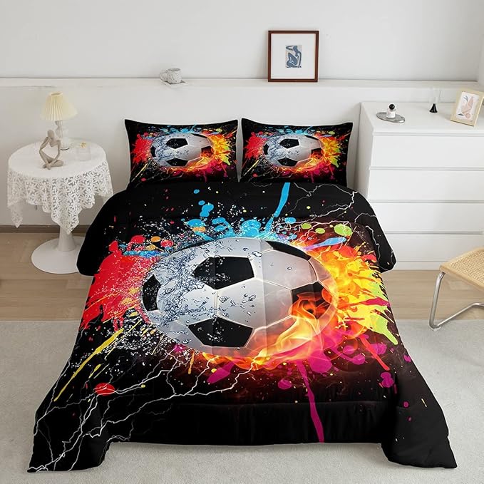 Kids Soccer Twin Size Comforter Set For Boys Football Sports Bedding Set Teen Colorful Grunge Hippie Tie Dye Quilt Comforter Red Blue Water Fire Lightning Duvet Insert Lightweight Bedroom Dorm Decor - LeafyLoom