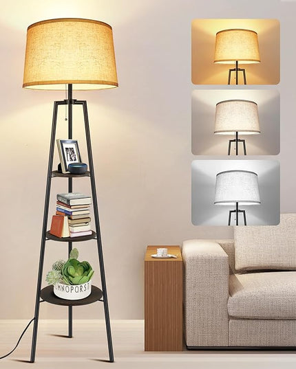 OUTON Tripod Floor Lamp with Shelves, Modern Shelf Floor Lamp with 3 Color Temperature, LED Dimmable Tall Standing Corner Lamp with Beige Linen Texture Shade for Living Room, Bedroom, Office, Vintage - LeafyLoom