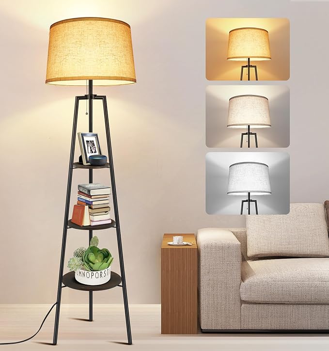 OUTON Tripod Floor Lamp with Shelves, Modern Shelf Floor Lamp with 3 Color Temperature, LED Dimmable Tall Standing Corner Lamp with Beige Linen Texture Shade for Living Room, Bedroom, Office, Vintage - LeafyLoom
