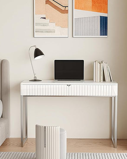 White Vanity Desk with 2 Drawers, Silver and White Desk,Home Office Desk Modern Makeup Vanity Table with Glossy Desktop,Writing Computer Standing Desk with Wood Top and Metal Legs - LeafyLoom