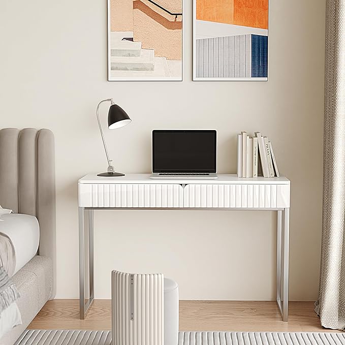 White Vanity Desk with 2 Drawers, Silver and White Desk,Home Office Desk Modern Makeup Vanity Table with Glossy Desktop,Writing Computer Standing Desk with Wood Top and Metal Legs - LeafyLoom