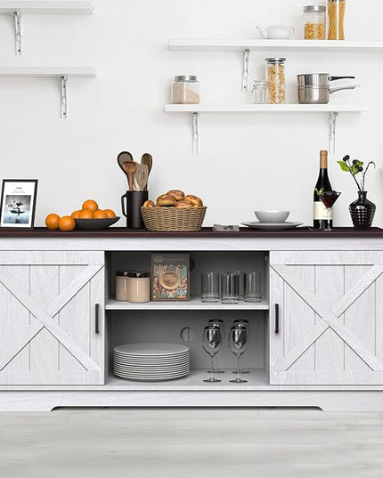 YITAHOME Buffet Cabinet, 59" Farmhouse Sideboard Buffet Storage Cabinet with Barn Door, Coffee Bar Cabinet with Capacity 300 lbs for Home Dinning Living Room, Grey White/Espresso, 26" Height - LeafyLoom