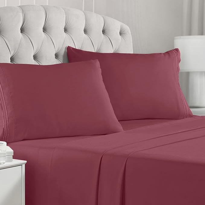 Mellanni Split King Sheets Set - 5 PC Iconic Collection Bedding Sheets & Pillowcases - Hotel Luxury, Extra Soft, Cooling Bed Sheets - Deep Pocket up to 16 inch (Split King, Burgundy) - LeafyLoom