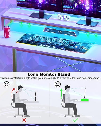47" Gaming Desk with Storage, Computer Desk with LED Lights, Home Office Desk with Adjustable Shelves & Power Outlets, Gaming Computer Desk with Long Monitor Stand for Small Spaces, White Gold - LeafyLoom
