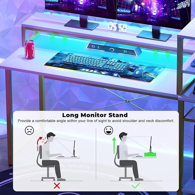 47" Gaming Desk with Storage, Computer Desk with LED Lights, Home Office Desk with Adjustable Shelves & Power Outlets, Gaming Computer Desk with Long Monitor Stand for Small Spaces, White Gold - LeafyLoom