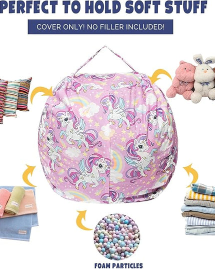 Stuffed Animal Storage Bean Bag Chair Cover, Hold Kids Plush Toys Blankets Towels Beanbag (Cover Only), Canvas Floor Circle Stuff Sit Seat Sofa with YKK Zipper, Extra Large 38", Unicorn - LeafyLoom