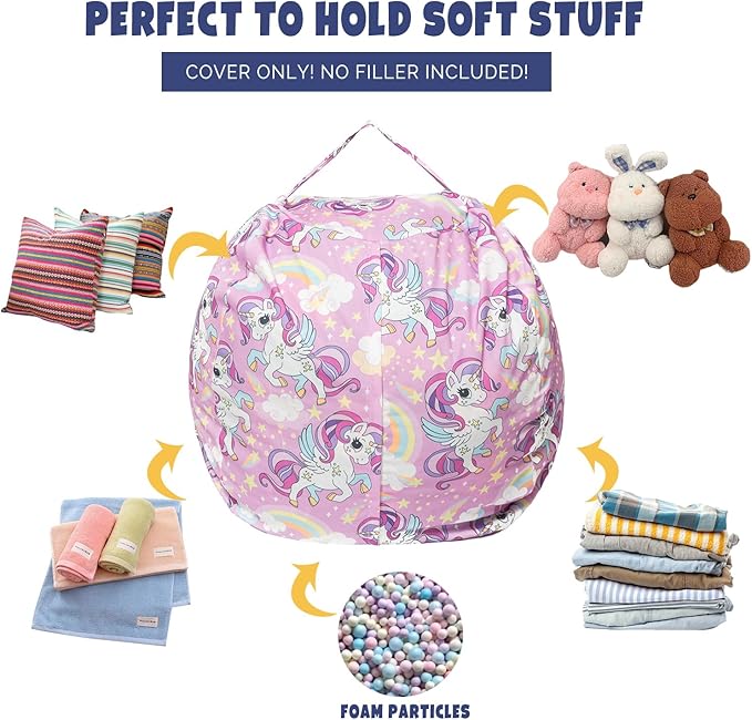 Stuffed Animal Storage Bean Bag Chair Cover, Hold Kids Plush Toys Blankets Towels Beanbag (Cover Only), Canvas Floor Circle Stuff Sit Seat Sofa with YKK Zipper, Large 32", Unicorn - LeafyLoom
