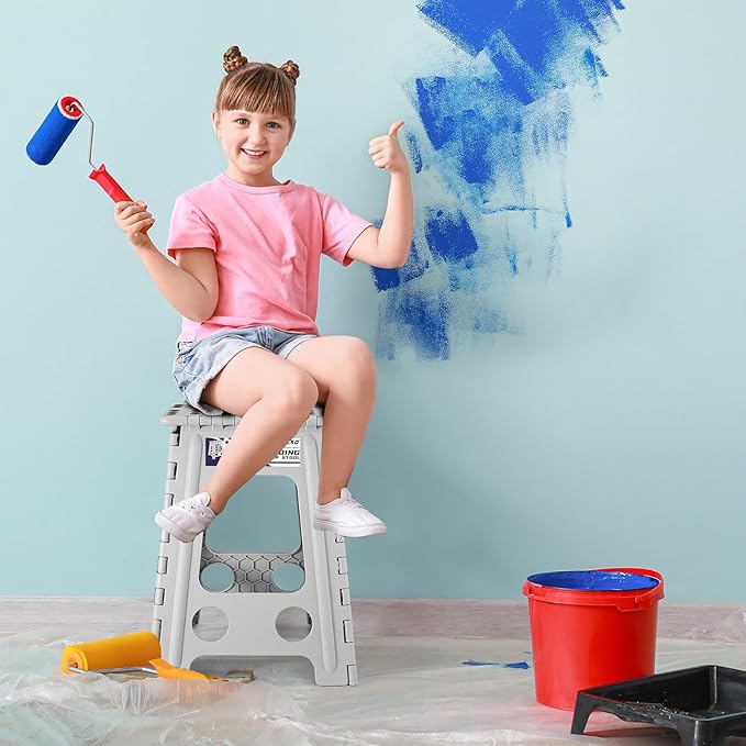 Delxo Folding Step Stool 17.5 Inch,Heavy Duty Step Stools for Adults,Non Slip Folding Stool with Handle,Premium Portable Foldable Step Stool for Kitchen Bathroom Bedroom Up to 400LBS,(Grey,1PC) - LeafyLoom