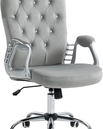 Vinsetto Home Office Chair, Velvet Computer Chair, Button Tufted Desk Chair with Swivel Wheels, Adjustable Height, and Tilt Function, Light Gray - LeafyLoom