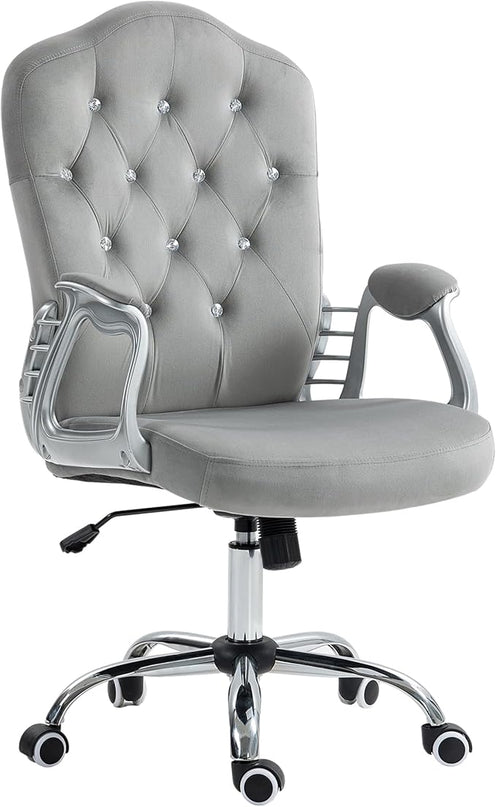Vinsetto Home Office Chair, Velvet Computer Chair, Button Tufted Desk Chair with Swivel Wheels, Adjustable Height, and Tilt Function, Light Gray - LeafyLoom