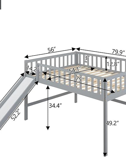 Merax Full Size Wood Low Loft Bed Frame with Slide for Kids Girls Boys,Full Length Guardrails, Gray - LeafyLoom