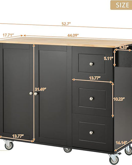 52.7 Cart with Wood Top and Drop Leaf Breakfast Bar, Rolling Mobile Island Towel Rack,Large Storage Cabinet Kitchen Table for Dinning Room, Black, 52.76 Inch - LeafyLoom