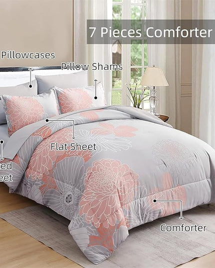 Yiran Blush Grey Floral Bed in a Bag Comforter 7 Pieces Soft Microfiber Comforter Set Bedding Set King Size 103"×90"(1 Comforter,2 Pillowcases,2 Pillow Shams,1 Flat Sheet,1 Fitted Sheet) - LeafyLoom