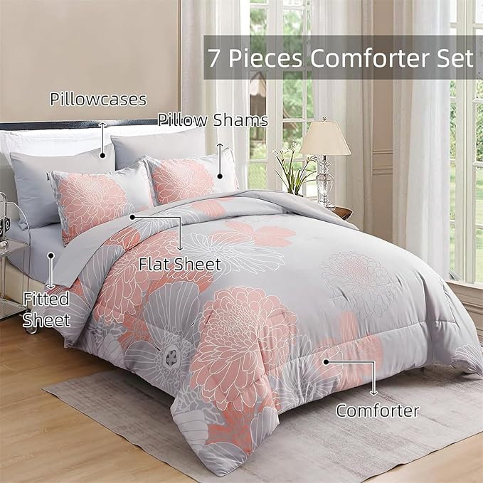 Yiran Blush Grey Floral Bed in a Bag Comforter 7 Pieces Soft Microfiber Comforter Set Bedding Set King Size 103"×90"(1 Comforter,2 Pillowcases,2 Pillow Shams,1 Flat Sheet,1 Fitted Sheet) - LeafyLoom