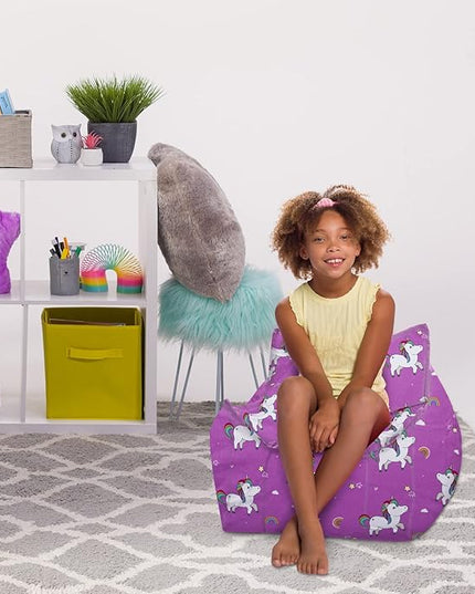 Posh Creations Structured Comfy Bean Bag Chair for Gaming, Reading, and Watching TV, Newport Chair, Canvas - Unicorn and Rainbows on Purple - LeafyLoom