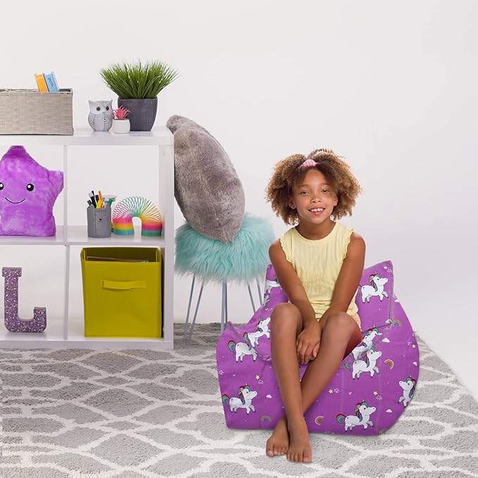 Posh Creations Structured Comfy Bean Bag Chair for Gaming, Reading, and Watching TV, Newport Chair, Canvas - Unicorn and Rainbows on Purple - LeafyLoom