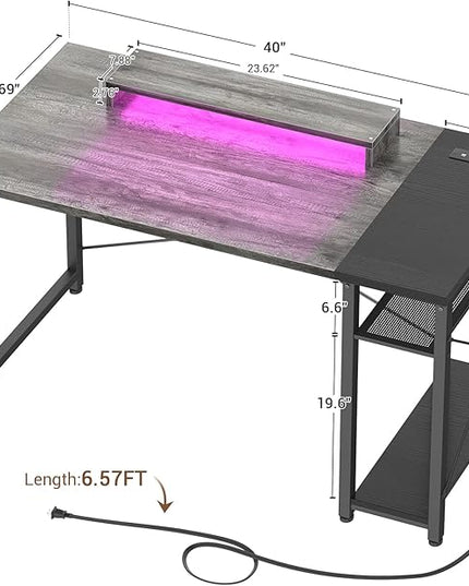 armocity Computer Desk with LED, Gaming Desk with Outlets, 40 Reversible Laptop Table with Monitor Stand, Small Desk for Small Spaces, Grey/Black - LeafyLoom