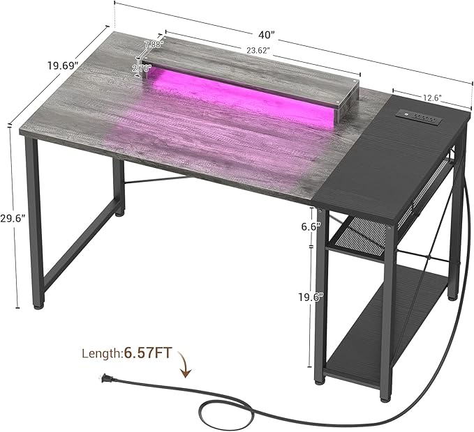 armocity Computer Desk with LED, Gaming Desk with Outlets, 40 Reversible Laptop Table with Monitor Stand, Small Desk for Small Spaces, Grey/Black - LeafyLoom