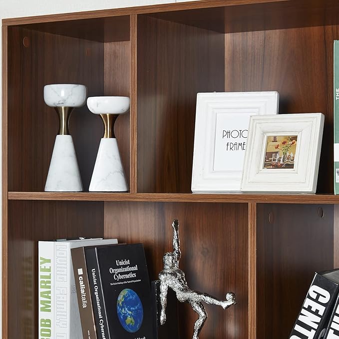 Modern Bookcase with 2 Doors, Wooden Bookshelf Library with 6 Storage Cabinet for Home Office (Walnut) - LeafyLoom