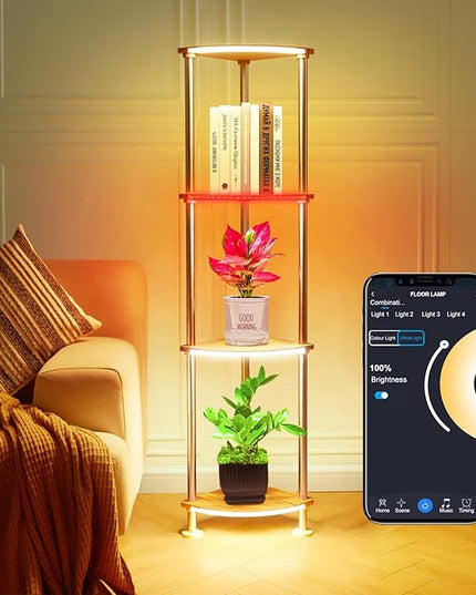 Floor Lamps with Shelves Dimmable, Corner Lamp with Shelves Height Adjustable, Corner Cabinet with Color Changing and Music Sync for Living Room - Wood Grain - LeafyLoom