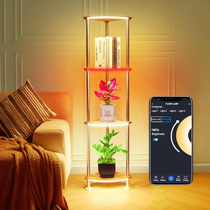 Floor Lamps with Shelves Dimmable, Corner Lamp with Shelves Height Adjustable, Corner Cabinet with Color Changing and Music Sync for Living Room - Wood Grain - LeafyLoom