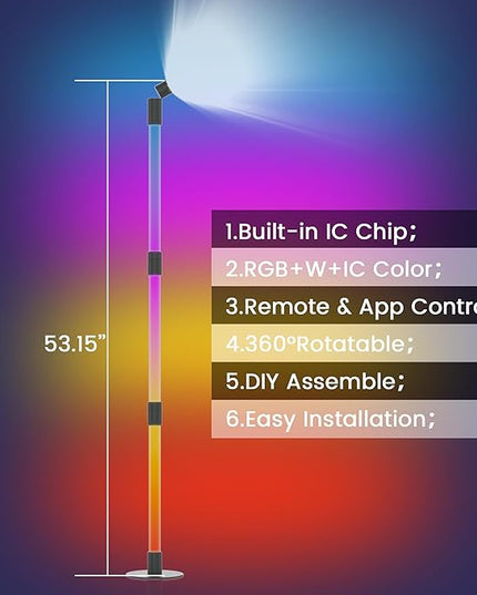 Music Sync Corner Floor Lamp with App/Remote Control, 53" RGB+IC+Warm White LED Corner Lamp for Reading, Gaming, LED Floor Lamp with Timer, Color Changing Corner Light for Bedroom - LeafyLoom