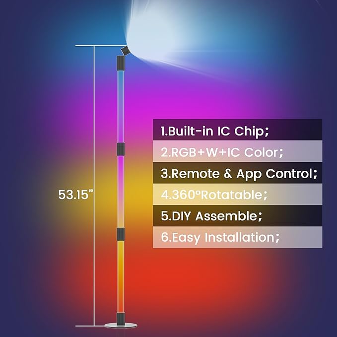 Music Sync Corner Floor Lamp with App/Remote Control, 53" RGB+IC+Warm White LED Corner Lamp for Reading, Gaming, LED Floor Lamp with Timer, Color Changing Corner Light for Bedroom - LeafyLoom