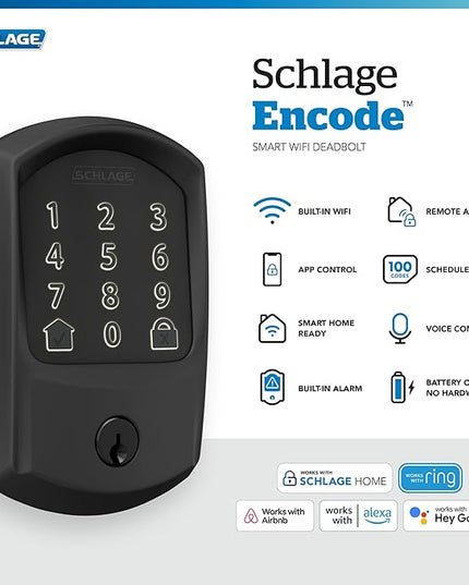 SCHLAGE BE489WB GRW 622 Encode WiFi Deadbolt Smart Lock, Keyless Entry Touchscreen Door Lock with Greenwich Trim, Matte Black SchlageLockCompany