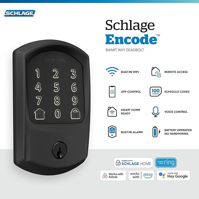 SCHLAGE BE489WB GRW 622 Encode WiFi Deadbolt Smart Lock, Keyless Entry Touchscreen Door Lock with Greenwich Trim, Matte Black SchlageLockCompany