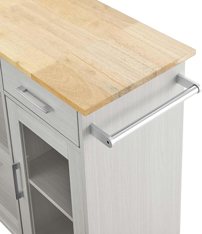 Modway Culinary Rolling Kitchen Cart with Storage in White Natural - 3 Tiers Kitchen Island on Wheels with Towel Bar, Functional as a Coffee Station, Bar Cabinet or Butcher Block Island - LeafyLoom