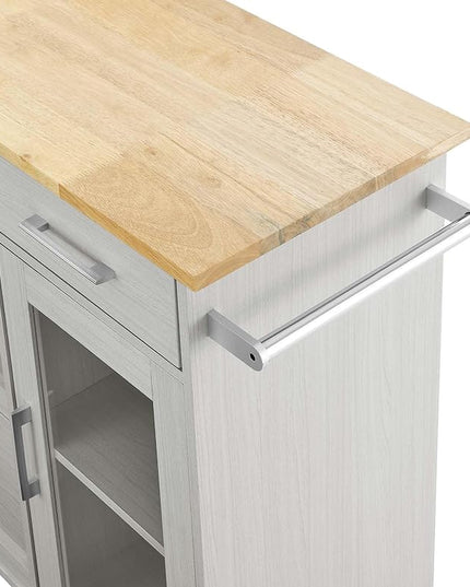 Modway Culinary Rolling Kitchen Cart with Storage in White Natural - 3 Tiers Kitchen Island on Wheels with Towel Bar, Functional as a Coffee Station, Bar Cabinet or Butcher Block Island - LeafyLoom