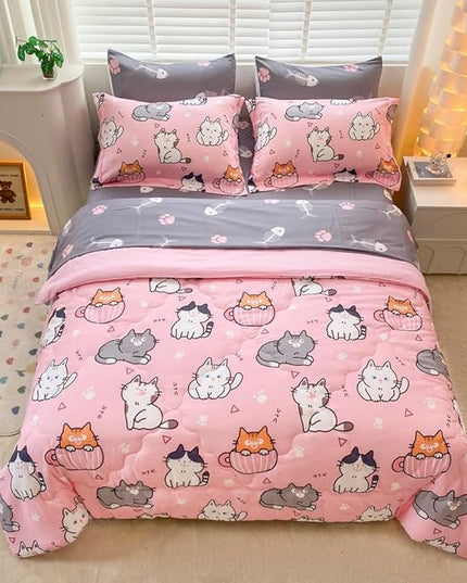 7 Piece Girls Cat Comforter Set Queen Size Bed in A Bag Pink Cute Cartoon Pet Cats Bedding Set for Kids Boys Teens (1 Comforter, 1 Flat Sheet, 1 Fitted Sheet, 4 Pillow Sham) Gray - LeafyLoom