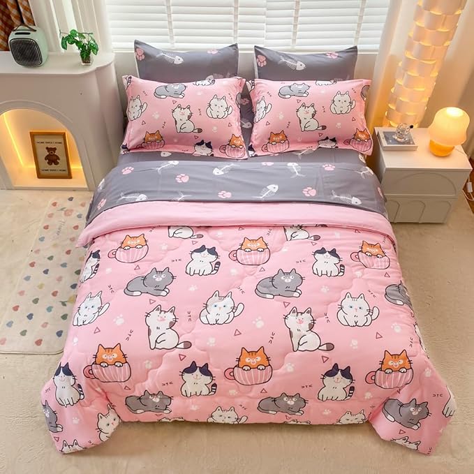 7 Piece Girls Cat Comforter Set Queen Size Bed in A Bag Pink Cute Cartoon Pet Cats Bedding Set for Kids Boys Teens (1 Comforter, 1 Flat Sheet, 1 Fitted Sheet, 4 Pillow Sham) Gray - LeafyLoom
