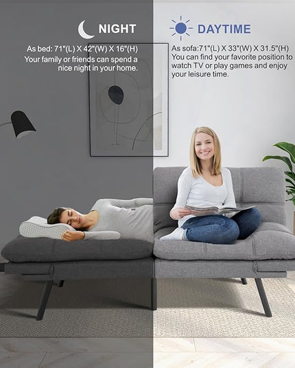 MUUEGM Futon Couch Bed, Convertible Memory Foam Sofa Bed, Modern Love Seat Daybed Sofa for Living Room,Small Space,Office,71",Adjustable Backrests Armrests Couch Bed Sleeper,Light Grey - LeafyLoom