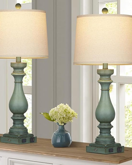 29" Tall Table Lamp for living room set of 2,Vintage Bedside Nightstand Lamps with USB C+A Ports & AC Outlet,3-Way Dimmable Touch Control Retro Green Desk Lamp for Bedroom,color 4 - LeafyLoom