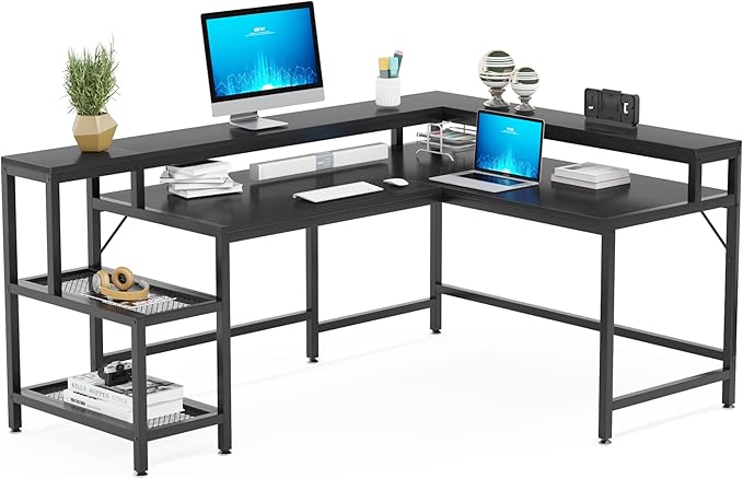 L-Shaped Desk with Monitor Shelf, Black - LeafyLoom