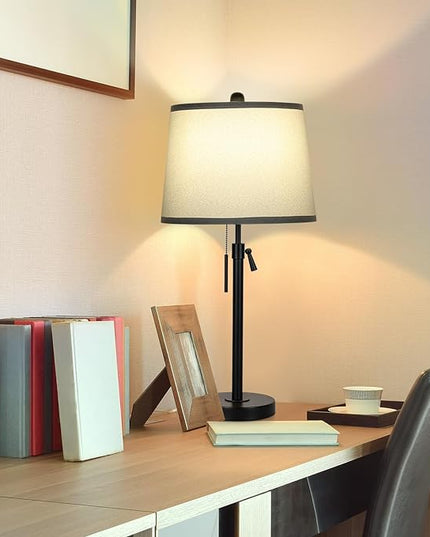 Bedside Table Lamps Set of 2: Tall Table Lamps for Living Room 22" to 30" Height Adjustable Black Bedroom Nightstand Lamps | 3-Way Dimmable with Pull Chain Switch End Table Lamp for Office Farmhouse - LeafyLoom
