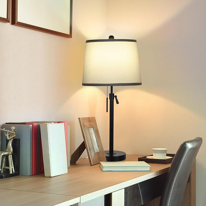 Bedside Table Lamps Set of 2: Tall Table Lamps for Living Room 22" to 30" Height Adjustable Black Bedroom Nightstand Lamps | 3-Way Dimmable with Pull Chain Switch End Table Lamp for Office Farmhouse - LeafyLoom
