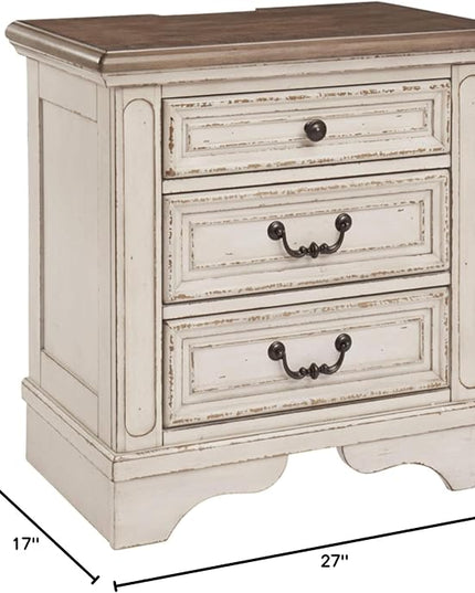 Signature Design by Ashley Realyn French Country 3 Drawer Nightstand with Electrical Outlets & USB Ports, Chipped White - LeafyLoom