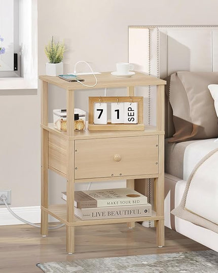 Lerliuo Nightstand Set of 2 with Charging Station and USB Ports, 3-Tier Storage End Table with Drawer Shelf, Night Stand for Small Spaces, Wood Bedside Table for Living Room, Bedroom-Light Wood Grain - LeafyLoom