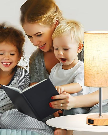 Set of 2 Table Lamps for Bedroom, 2700K/4000K/5000K Bedside Lamp Nightstand Lamp with Pull Chain and AC Outlet, Table Lamp for Living Room Reading Kids Room Wood Grain (8W LED Bulbs Included). - LeafyLoom