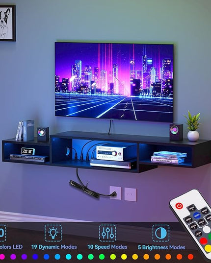 FABATO 59'' Floating TV Stand with LED Light Power Outlet, Floating Shelf for Under TV Wall Mount with Storage Shelf, Media Console Entertainment Center for Living Room, Black - LeafyLoom
