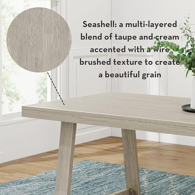 Plank+Beam 72 Inch Farmhouse Dining Table, Solid Wood Rustic Kitchen Table, Large Wooden Rectangular Dinner Table for Dining Room, Home Office, Living Room Furniture, Easy Assembly, Seashell Wirebrush - LeafyLoom