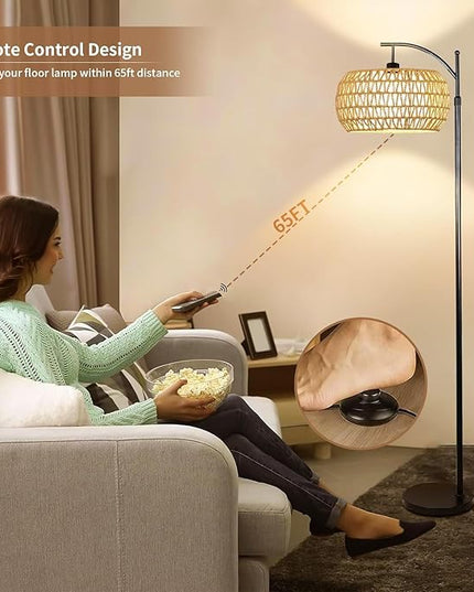Floor Lamp for Living Room,Bedroom,Boho Rattan Floor Lights,Tree 3 Bulb Standing Lamp Farmhouse Industrial Black Tall Lamp,Wicker Bamboo Lamp Shade Flower Dimmable Floor Lamps Bohemian Decor - LeafyLoom