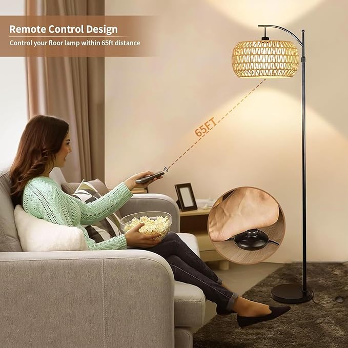 Floor Lamp for Living Room,Bedroom,Boho Rattan Floor Lights,Tree 3 Bulb Standing Lamp Farmhouse Industrial Black Tall Lamp,Wicker Bamboo Lamp Shade Flower Dimmable Floor Lamps Bohemian Decor - LeafyLoom