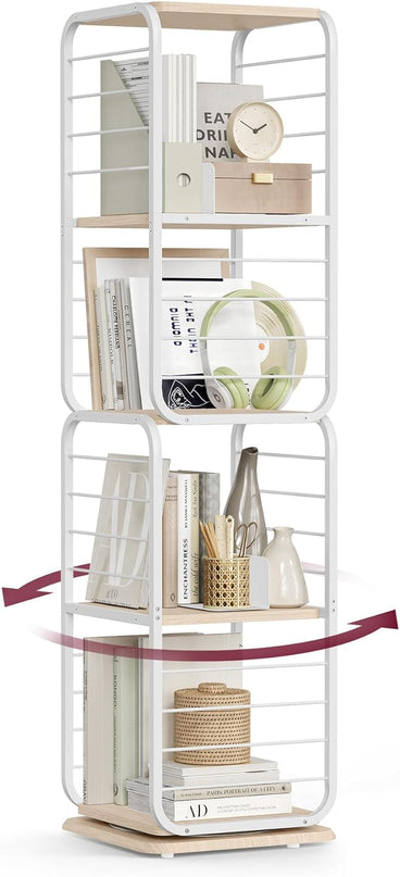 VASAGLE 4-Tier Rotating Bookshelf, Bookcase with Bookends for Small Spaces, Corner Shelf, Steel Frame, Natural Beige and Cloud White ULLS127W67 - LeafyLoom