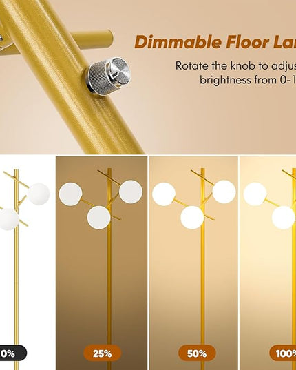 Dimmable Floor Lamp for Living Room, 67” Gold Standing Lamp with 3 Globe Glass Shade, Modern Tall Lamp, Adjustable 3-Light Tree Pole Lamp, Brass Corner Lamp for Bedroom Office Hotel, 3 Bulbs Included - LeafyLoom